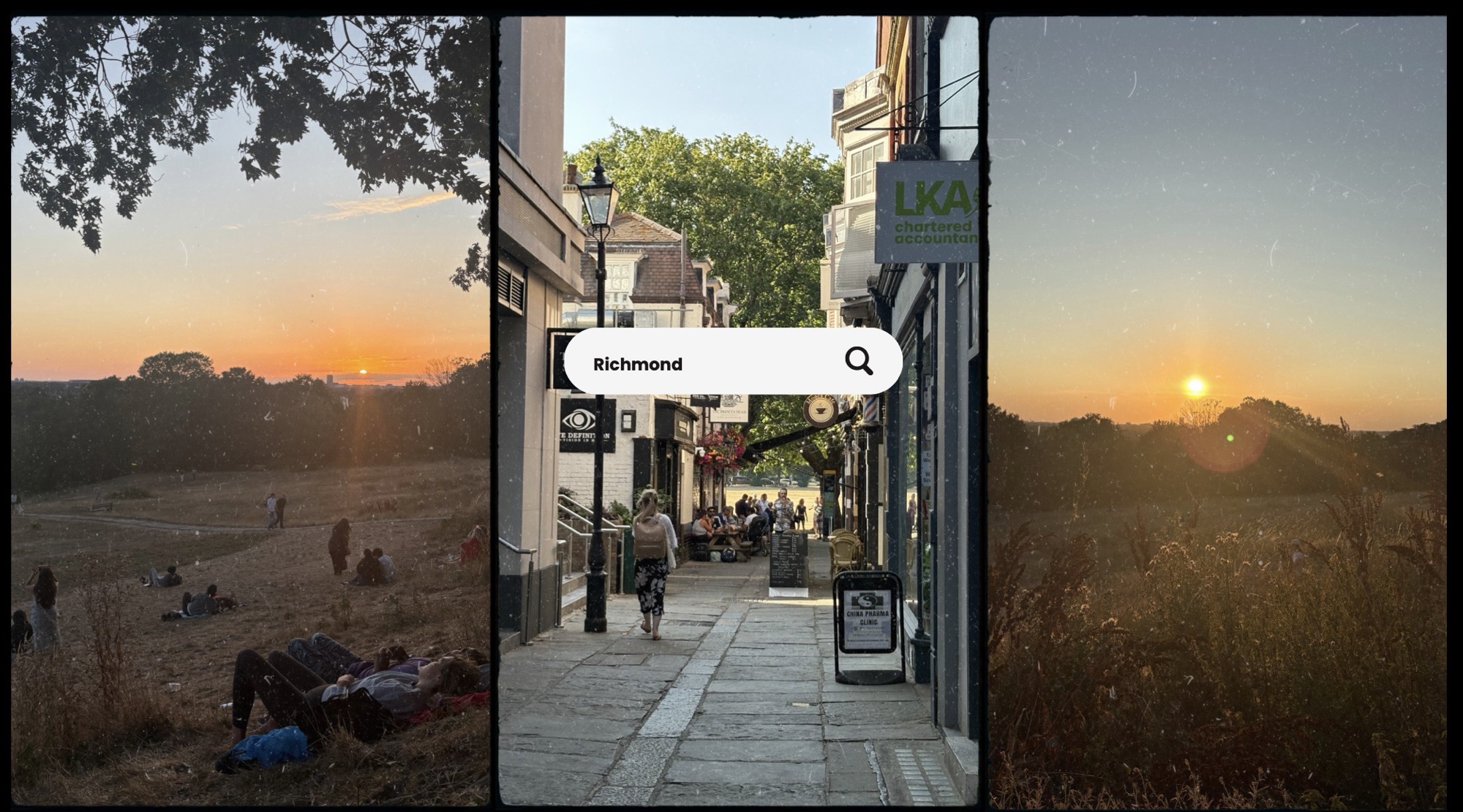 Richmond — three photographs at sunset: people lying on the dry grass of Richmond Hill, a lane of shopfronts, and the sun dropping over the river